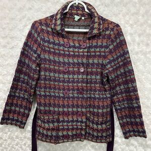 Shu-Shu Women's Multicolored Button Tie Waist Western Knit Jacket